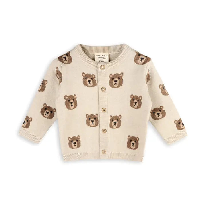 Viverano Organics Brown Bear Jacquard Baby Cardigan Sweater (Organic Cotton)